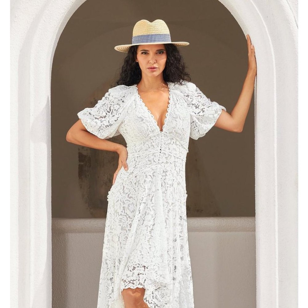 Boston Proper Puff Sleeve Lace High-Low Dress
